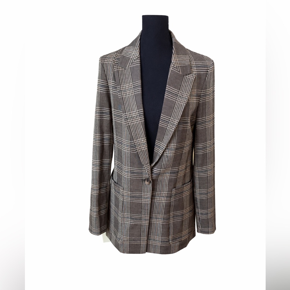 NWT H&M Plaid Tailored Blazer Brown Gray Size 4 Preppy Office Jacket
